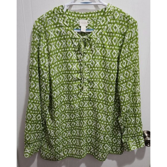 Chico's Tops - Chico's Women's Long Sleeve V Neck Tunic Top Green/White Semi-Sheer Size 2 (L)